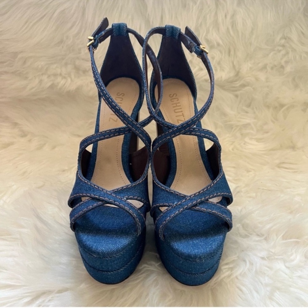 New! Schutz Latifah Denim Platform Block Heel Sandals in Blue - Picture 4 of 12